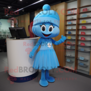 Sky Blue Plum mascot costume character dressed with a Pencil Skirt and Caps