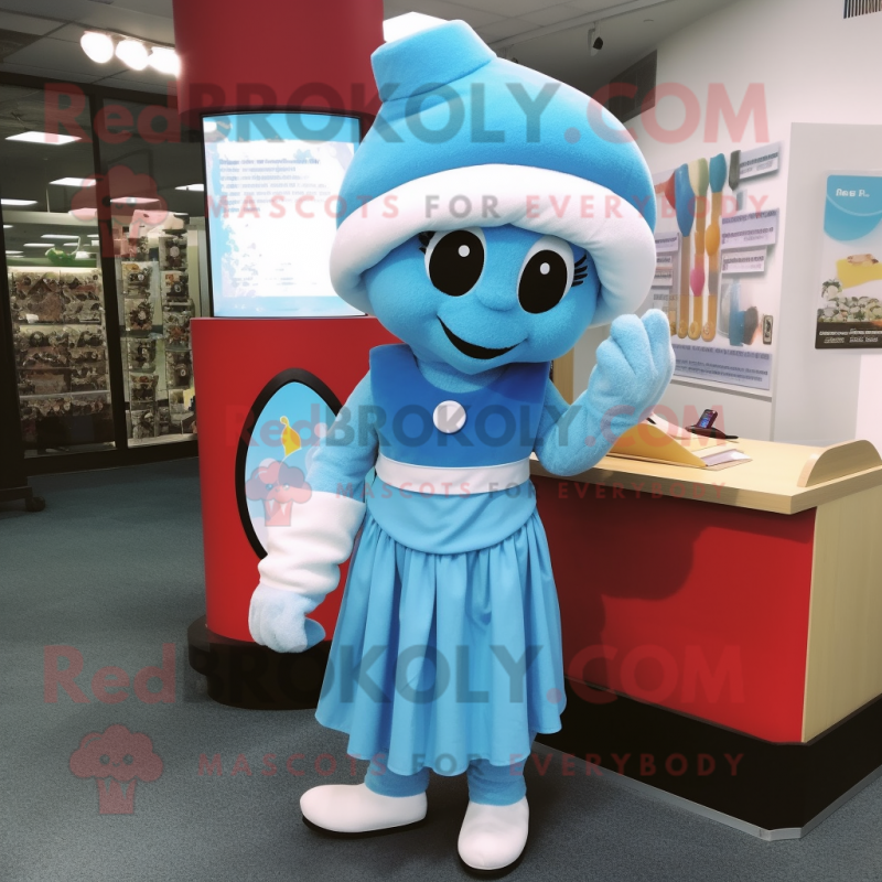 Sky Blue Plum mascot costume character dressed with a Pencil Skirt and Caps