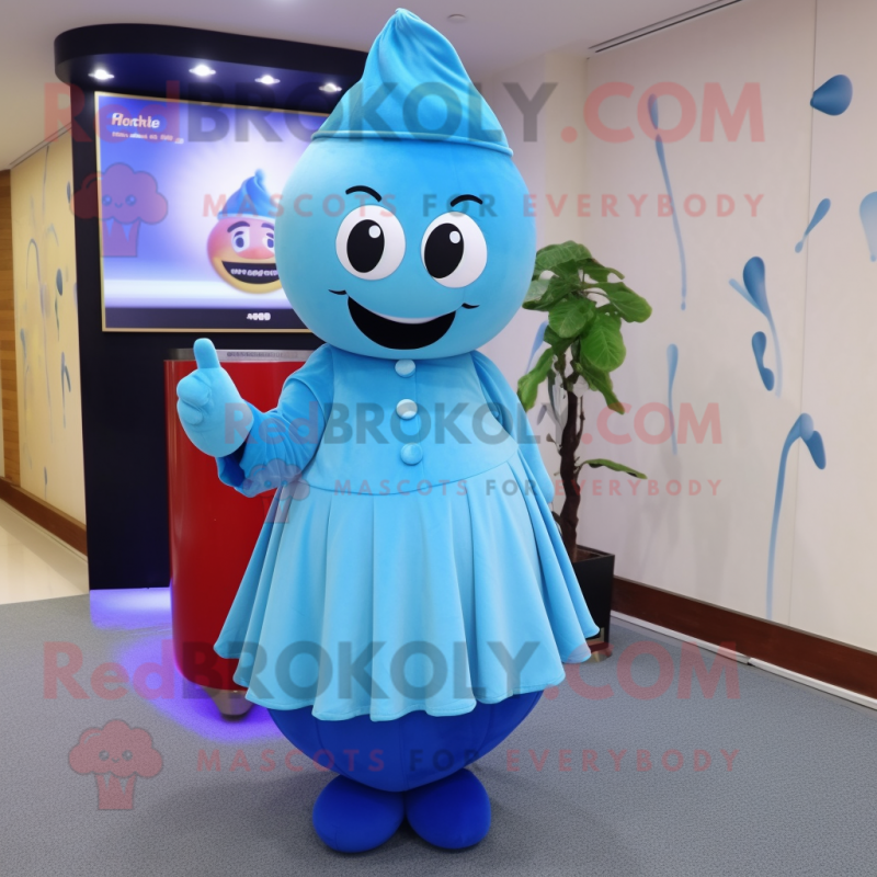 Sky Blue Plum mascot costume character dressed with a Pencil Skirt and Caps