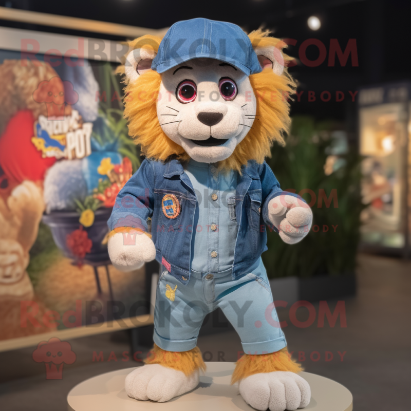 nan Lion mascot costume character dressed with a Denim Shorts and Headbands nan Lion mascot costume character dressed with a Denim Shorts and Headbands