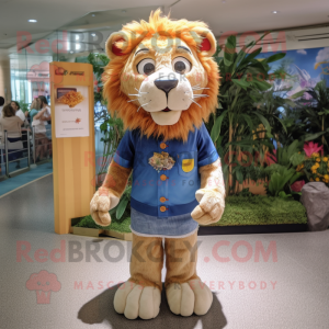 nan Lion mascot costume character dressed with a Denim Shorts and Headbands