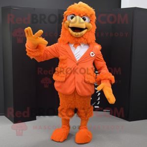 Orange Fried Chicken mascot costume character dressed with a Suit Jacket and Gloves