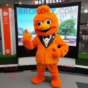 Orange Fried Chicken mascot costume character dressed with a Suit Jacket and Gloves