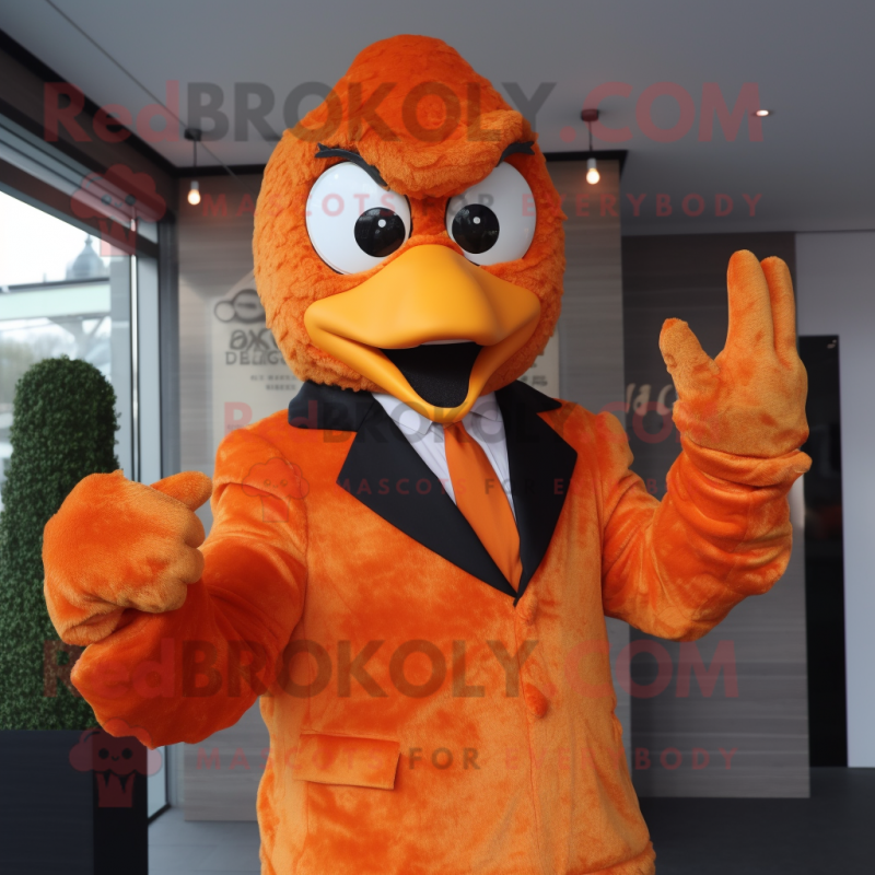 Orange Fried Chicken mascot costume character dressed with a Suit Jacket and Gloves Orange Fried Chicken mascot costume character dressed with a Suit Jacket and Gloves