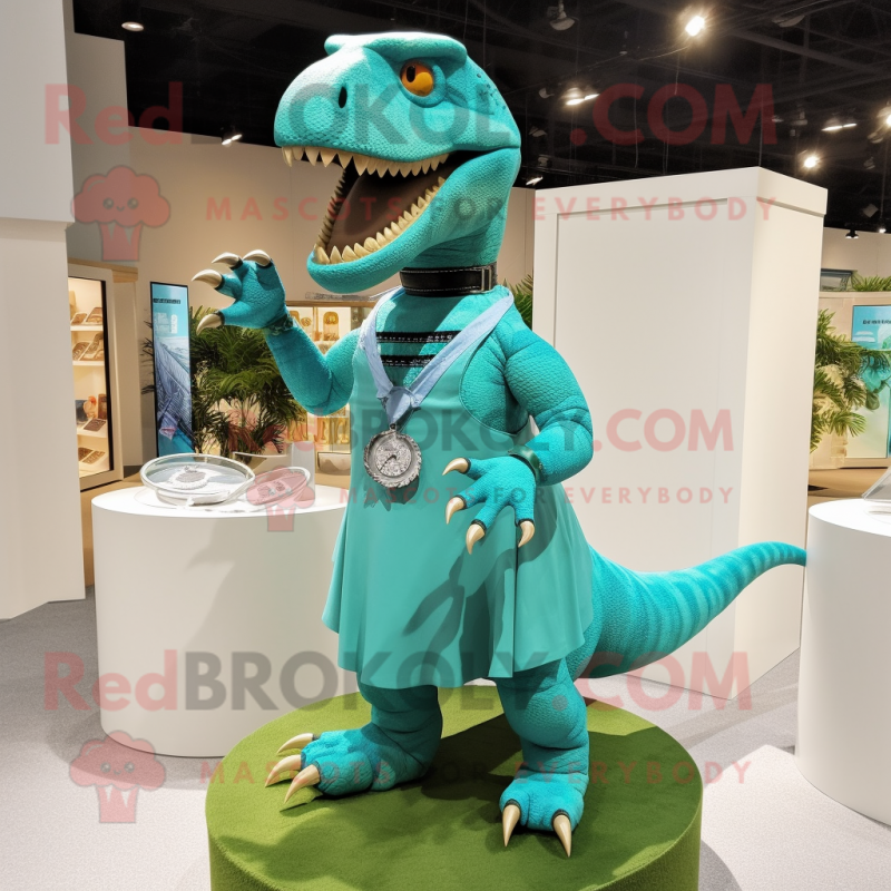 Turquoise T Rex mascot costume character dressed with a Wrap Skirt and Bracelet watches