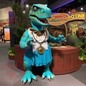 Turquoise T Rex mascot costume character dressed with a Wrap Skirt and Bracelet watches