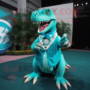 Turquoise T Rex mascot costume character dressed with a Wrap Skirt and Bracelet watches