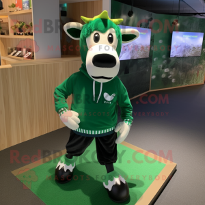 Forest Green Jersey Cow mascot costume character dressed with a Sweatshirt and Shoe laces