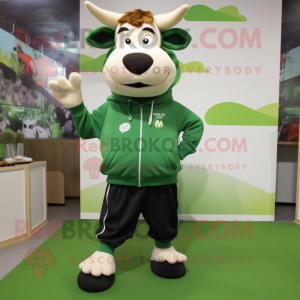 Forest Green Jersey Cow mascot costume character dressed with a Sweatshirt and Shoe laces