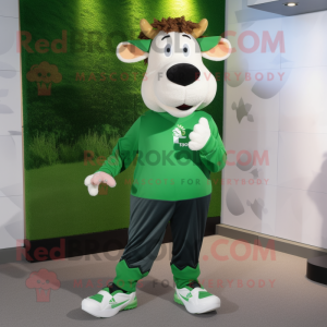 Forest Green Jersey Cow mascot costume character dressed with a Sweatshirt and Shoe laces