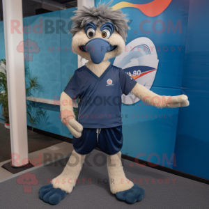 Navy Emu mascot costume character dressed with a Running Shorts and Pocket squares