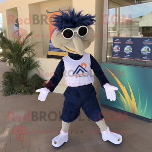 Navy Emu mascot costume character dressed with a Running Shorts and Pocket squares