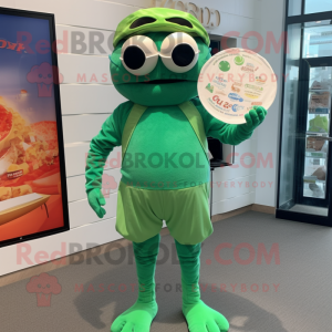 Green Crab Cakes mascot costume character dressed with a Jumpsuit and Reading glasses
