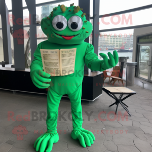 Green Crab Cakes mascot costume character dressed with a Jumpsuit and Reading glasses