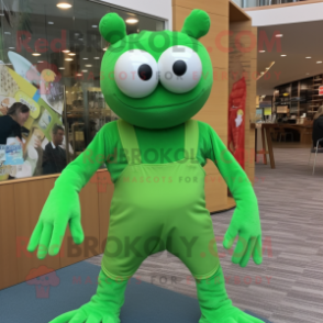 Green Crab Cakes mascot costume character dressed with a Jumpsuit and Reading glasses