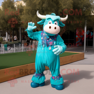 Turquoise Bull mascot costume character dressed with a Boyfriend Jeans and Mittens