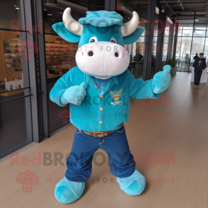 Turquoise Bull mascot costume character dressed with a Boyfriend Jeans and Mittens