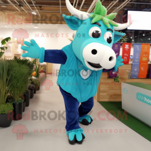 Turquoise Bull mascot costume character dressed with a Boyfriend Jeans and Mittens