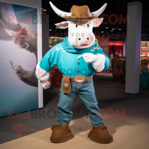 Turquoise Bull mascot costume character dressed with a Boyfriend Jeans and Mittens