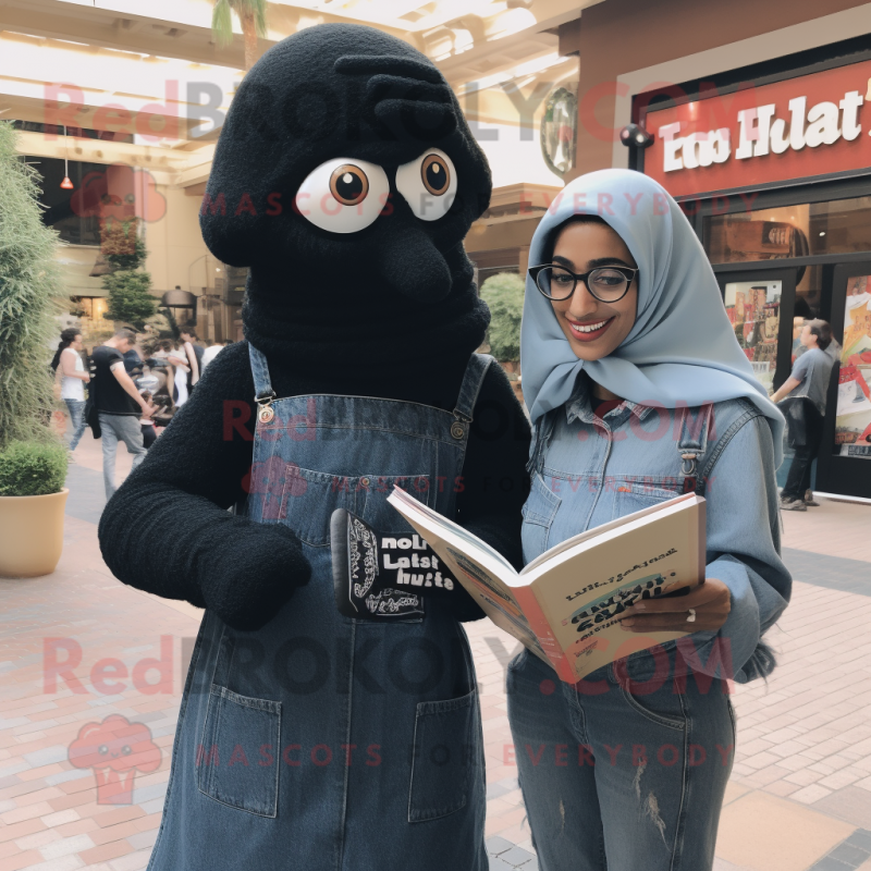Black Falafel mascot costume character dressed with a Mom Jeans and Reading glasses Black Falafel mascot costume character dressed with a Mom Jeans and Reading glasses