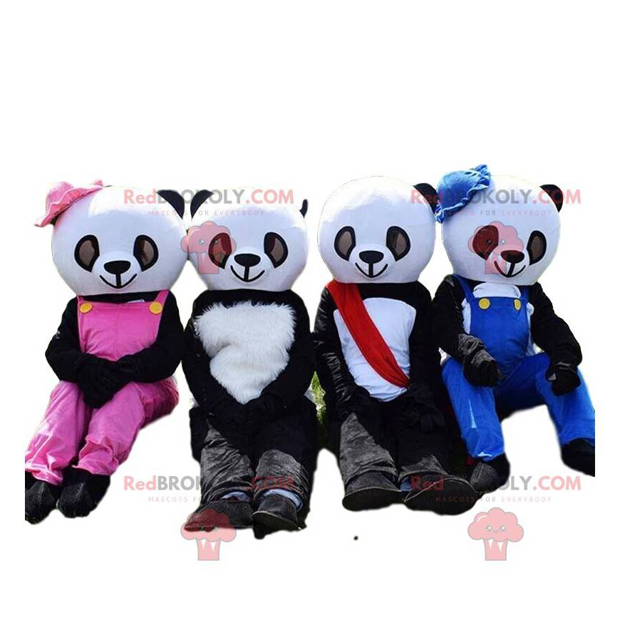 4 mascotes panda, fantasias de ursinho de pelúcia preto e