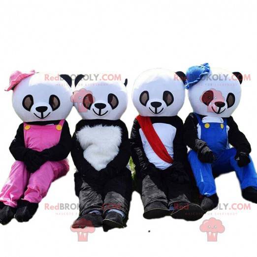 4 panda mascottes, zwart-witte teddybeerkostuums -