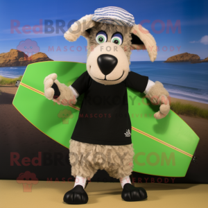 Olive Suffolk Sheep mascot costume character dressed with a Board Shorts and Beanies