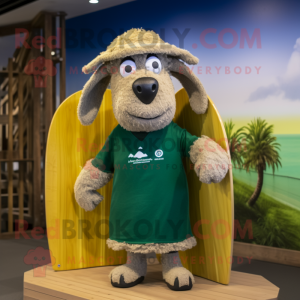 Olive Suffolk Sheep mascot costume character dressed with a Board Shorts and Beanies
