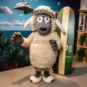 Olive Suffolk Sheep mascot costume character dressed with a Board Shorts and Beanies