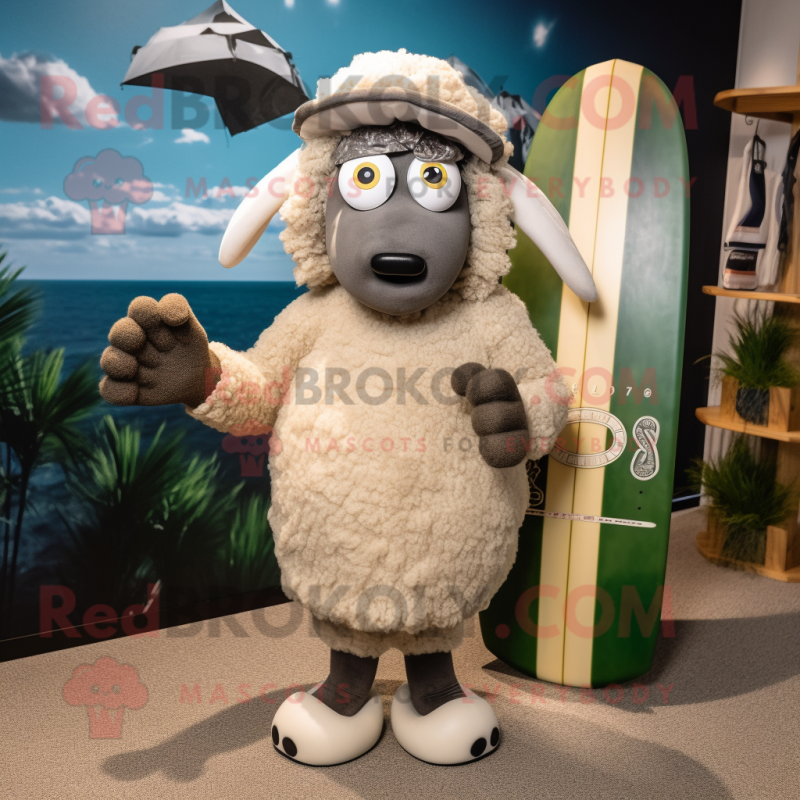 Olive Suffolk Sheep mascot costume character dressed with a Board Shorts and Beanies Olive Suffolk Sheep mascot costume character dressed with a Board Shorts and Beanies