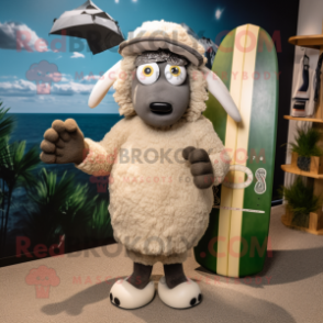 Olive Suffolk Sheep mascot costume character dressed with a Board Shorts and Beanies