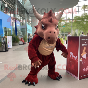 Maroon Triceratops mascot costume character dressed with a Romper and Tote bags