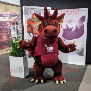 Maroon Triceratops mascot costume character dressed with a Romper and Tote bags