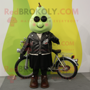 nan Pear mascot costume character dressed with a Biker Jacket and Shoe clips
