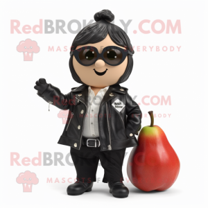 nan Pear mascot costume character dressed with a Biker Jacket and Shoe clips