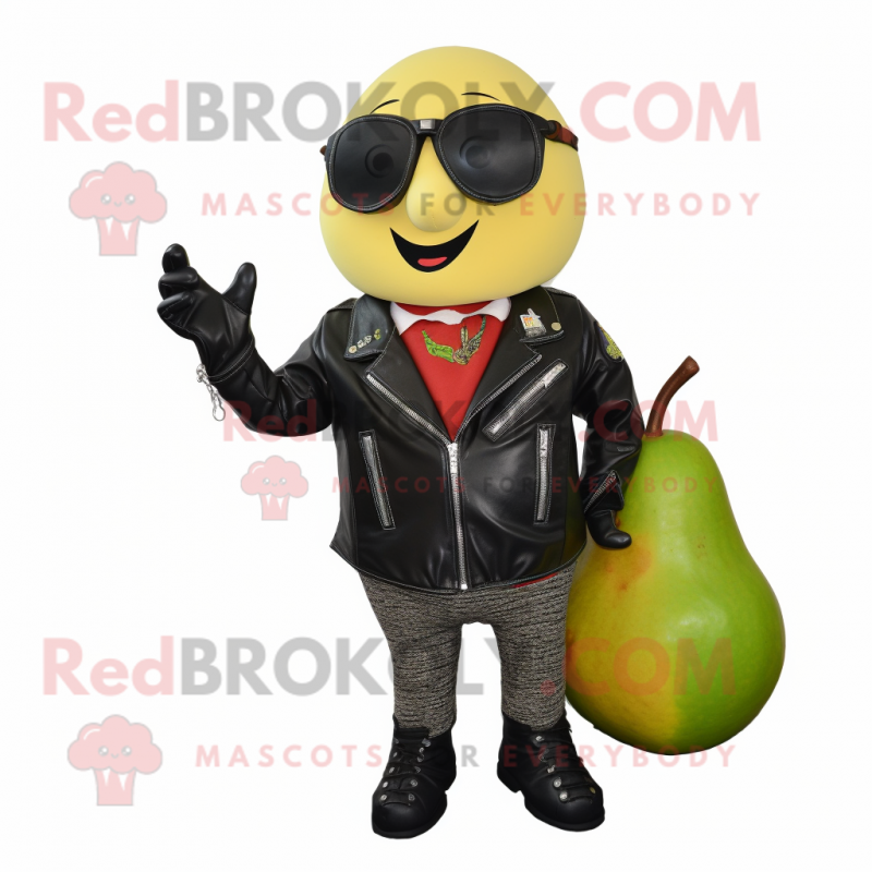nan Pear mascot costume character dressed with a Biker Jacket and Shoe clips nan Pear mascot costume character dressed with a Biker Jacket and Shoe clips