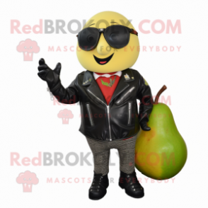 nan Pear mascot costume character dressed with a Biker Jacket and Shoe clips