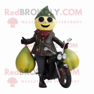 nan Pear mascot costume character dressed with a Biker Jacket and Shoe clips