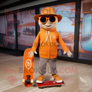 Orange Skateboard mascot costume character dressed with a Coat and Wallets