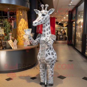Silver Giraffe mascot costume character dressed with a A-Line Skirt and Clutch bags