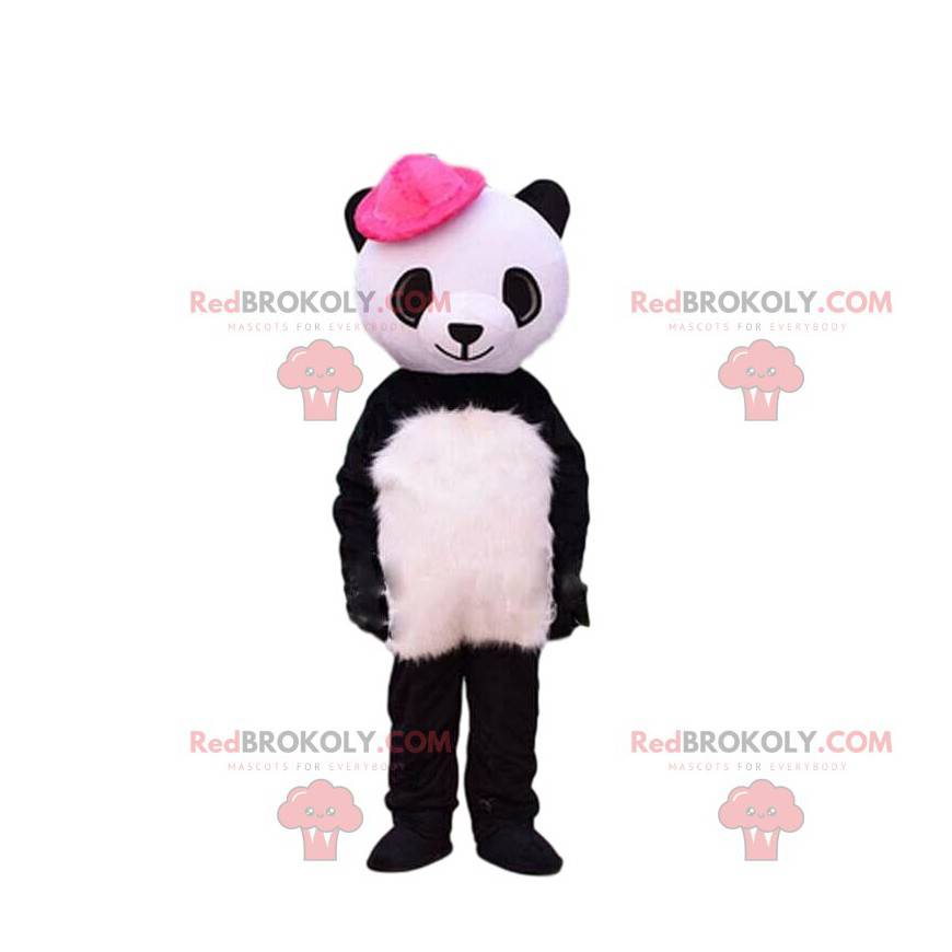 Mascotte de panda noir et blanc avec un chapeau rose -