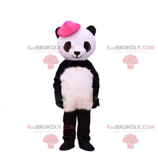 Mascotte del panda in bianco e nero con un cappello rosa -