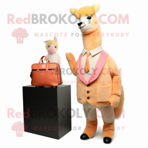 Peach Llama mascot costume character dressed with a Blazer and Messenger bags