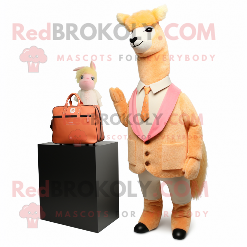 Peach Llama mascot costume character dressed with a Blazer and Messenger bags Peach Llama mascot costume character dressed with a Blazer and Messenger bags