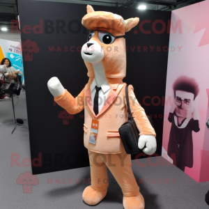 Peach Llama mascot costume character dressed with a Blazer and Messenger bags