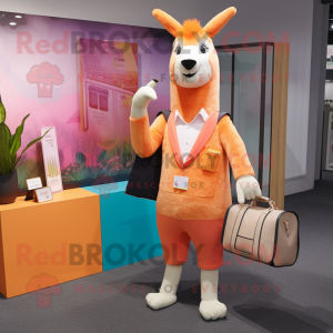 Peach Llama mascot costume character dressed with a Blazer and Messenger bags