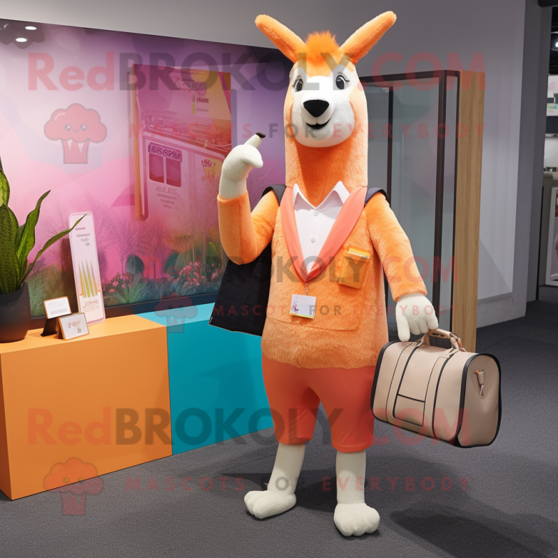 Peach Llama mascot costume character dressed with a Blazer and Messenger bags