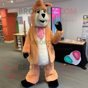 Peach Llama mascot costume character dressed with a Blazer and Messenger bags
