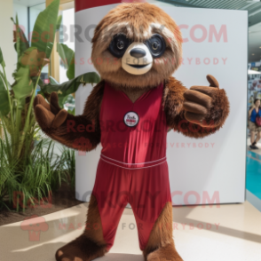 Maroon Sloth mascot costume character dressed with a One-Piece Swimsuit and Gloves