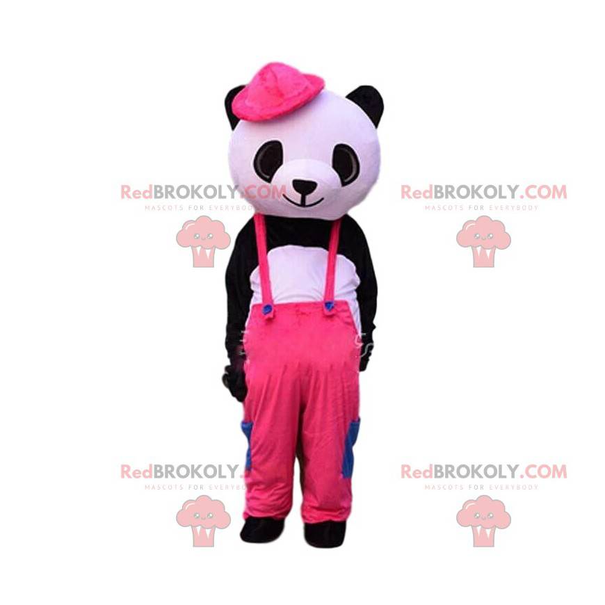 Zwart-witte panda-mascotte gekleed in roze overall -